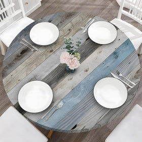 BOOWEATS wood-grain round tablecloth with elastic edge protects surfaces during meals