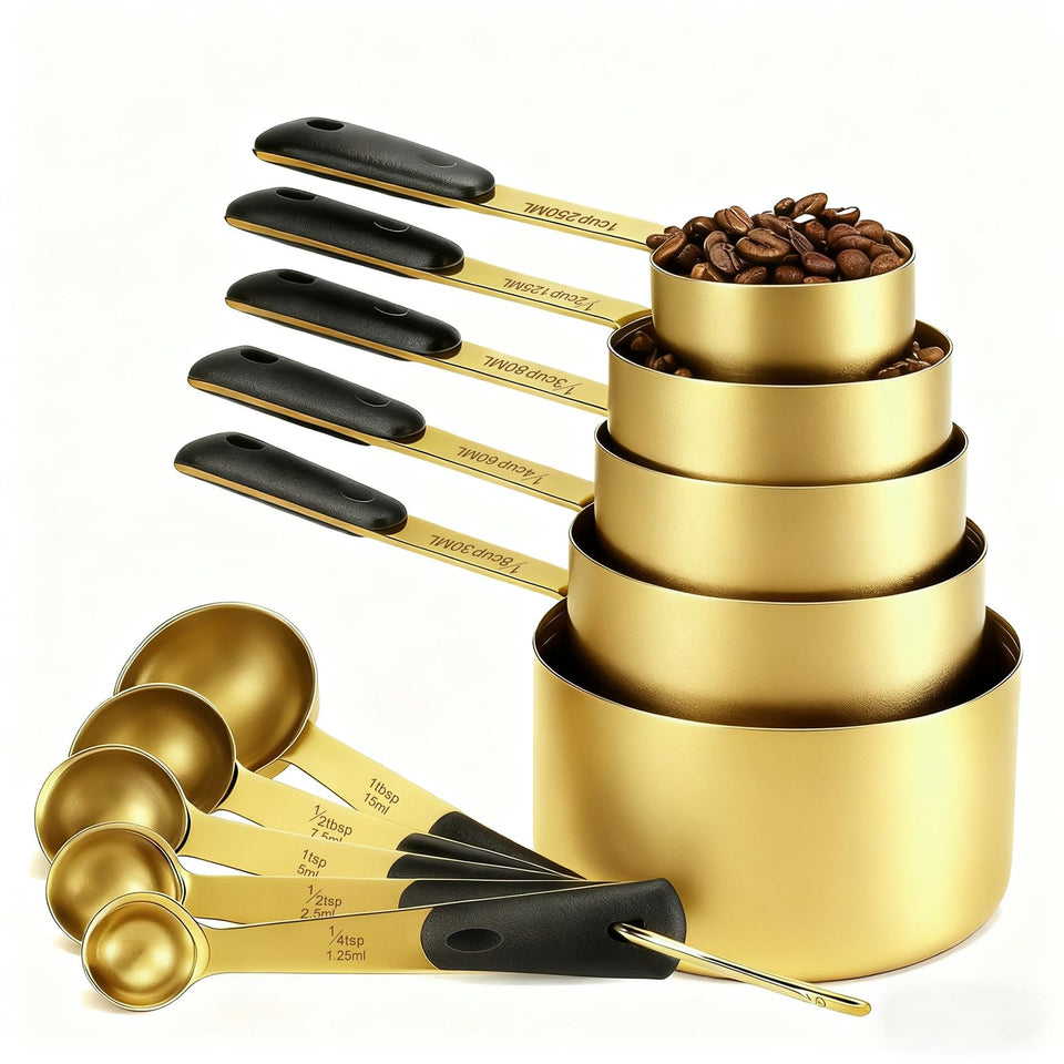 Bopei gold electroplated measuring cups and spoons set for precise cooking measurements.