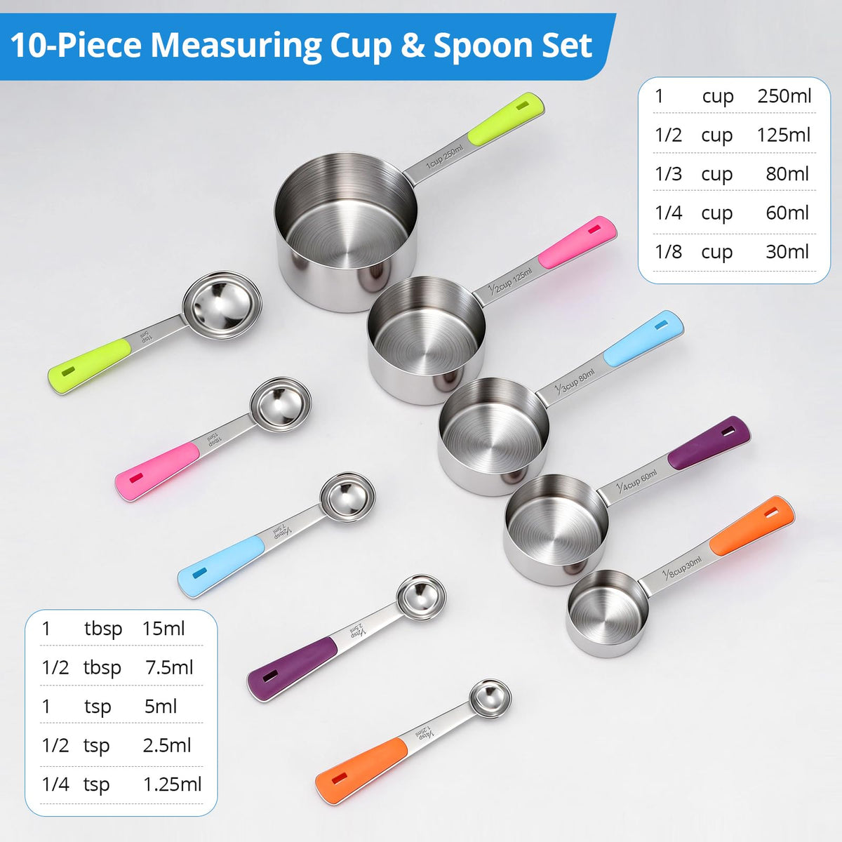 Bopei measuring cups with colorful handles close-up for easy size identification