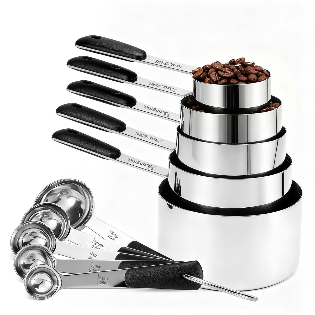 Bopei measuring cups and spoons set in stainless steel, ideal for precise baking measurements.