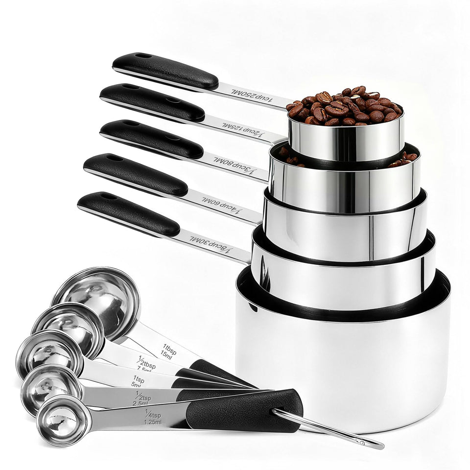 Bopei measuring cups and spoons set in stainless steel, ideal for precise baking measurements.