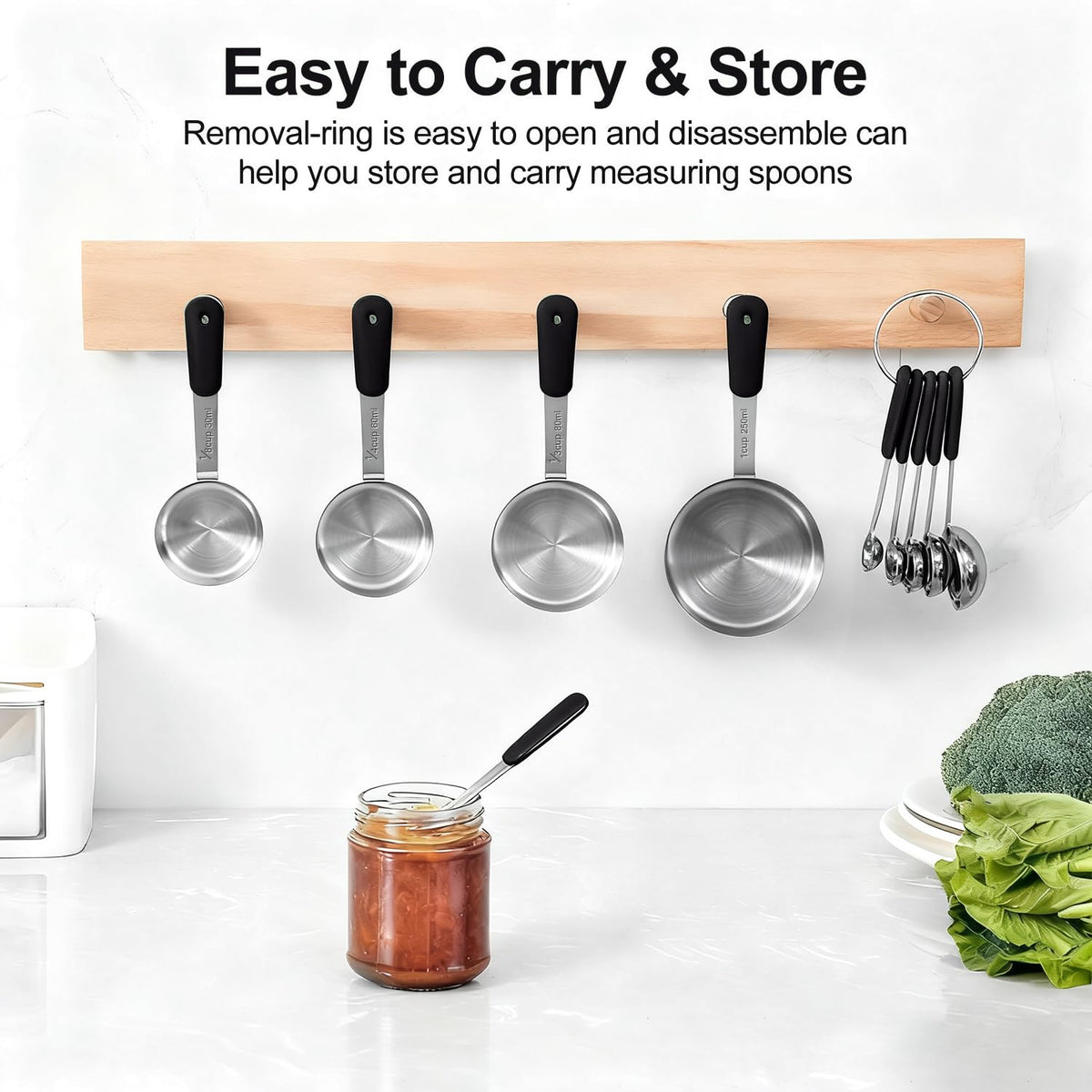 Bopei measuring set stacks neatly with a removable ring to save space.