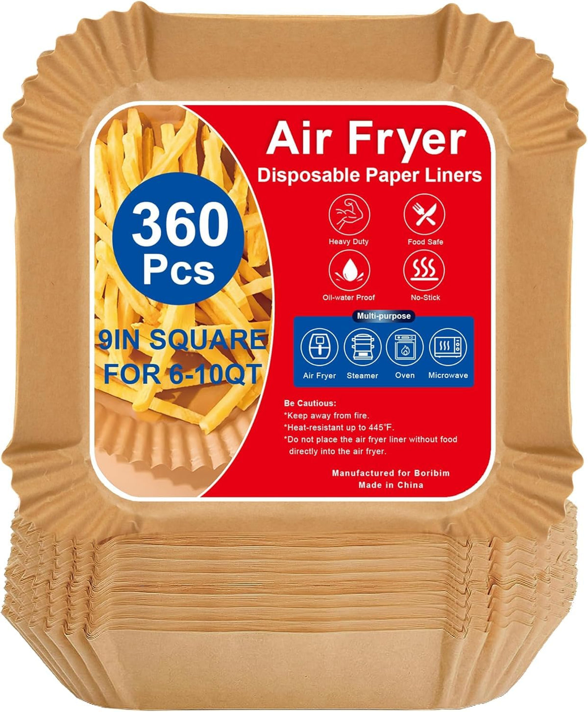 Boribim 9-inch air fryer liners inside a basket showing non-stick surface.
