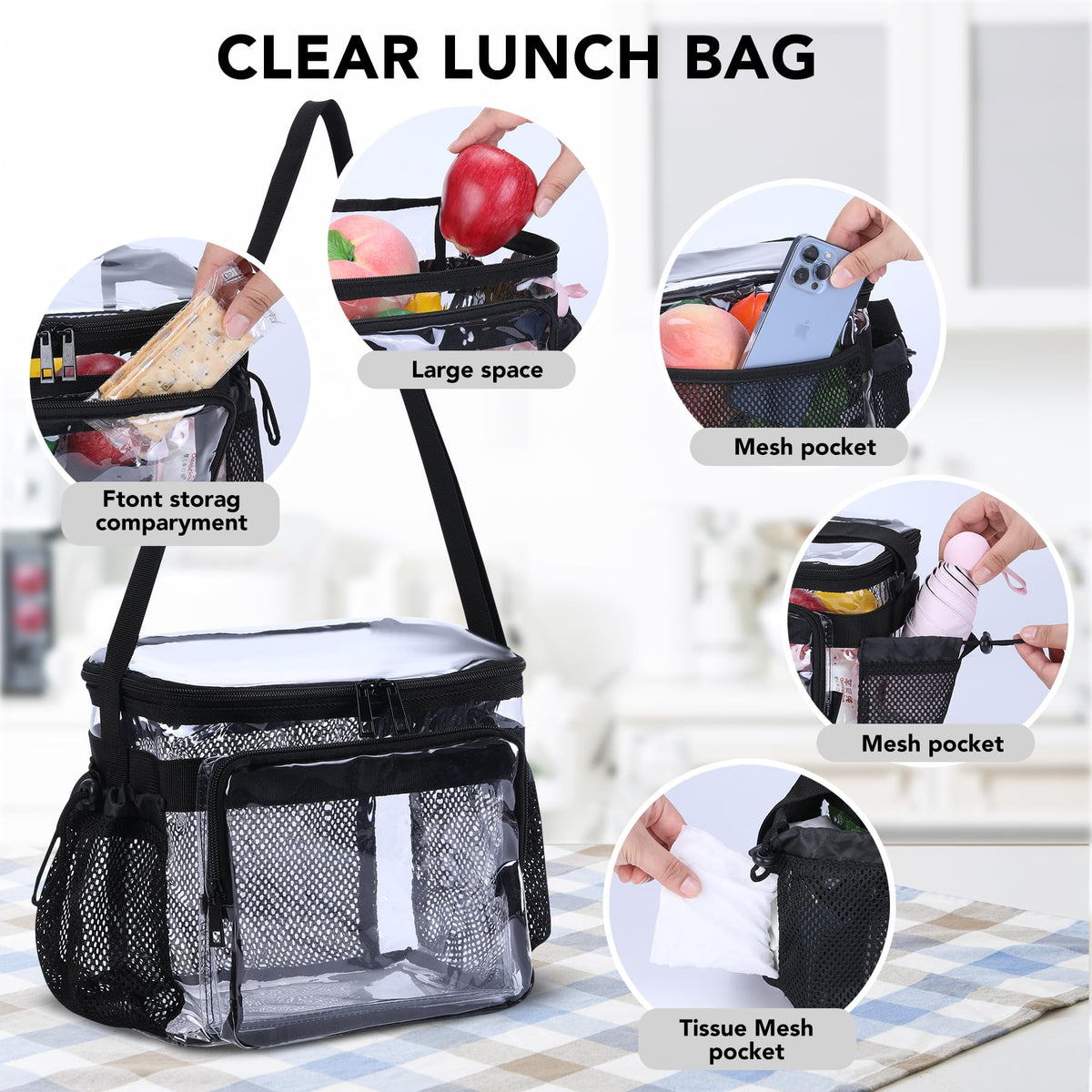 BORMELUN Stadium Approved Clear Lunch Bag front pocket for utensils and napkins