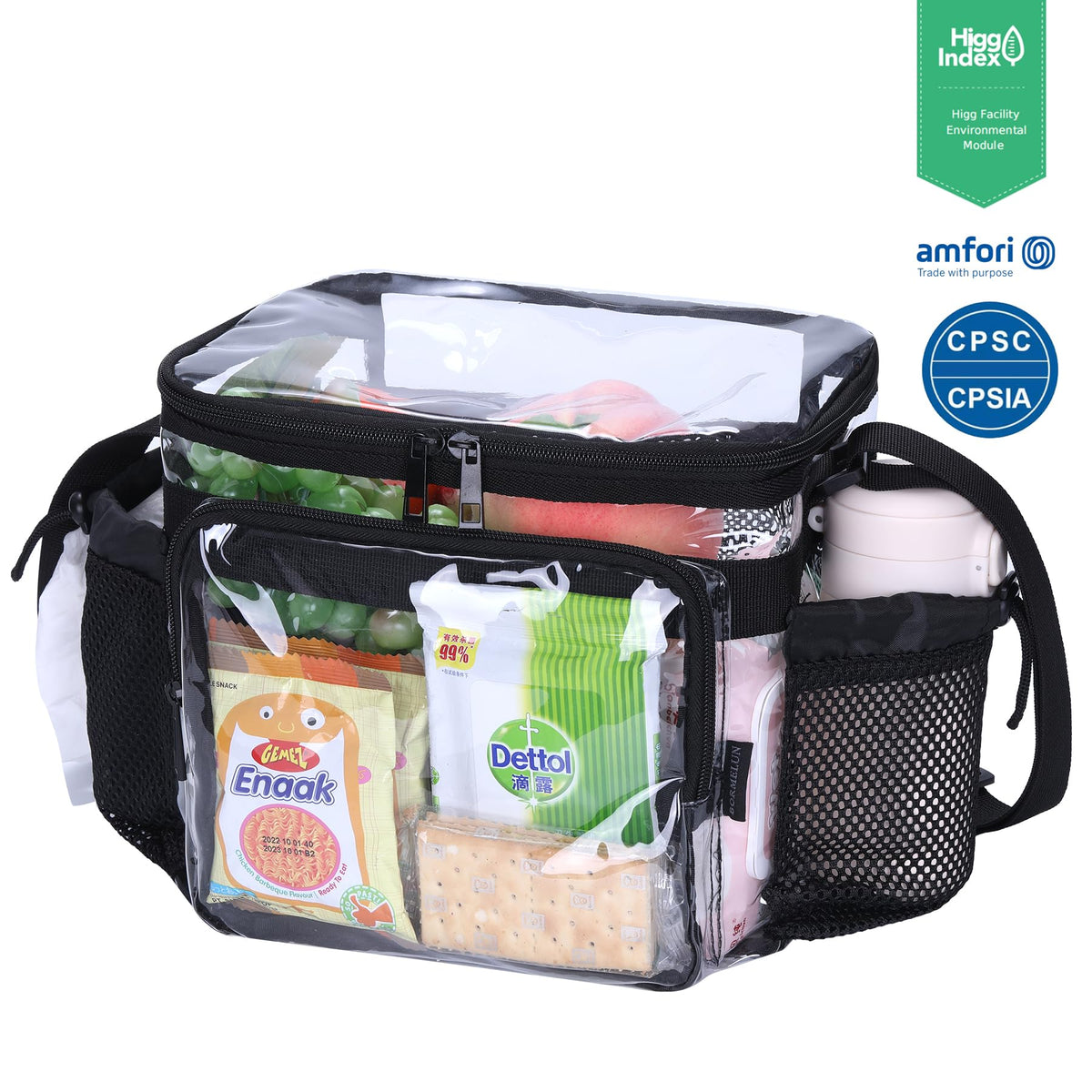 BORMELUN Stadium Approved Clear Lunch Bag side view showing two-pocket organization