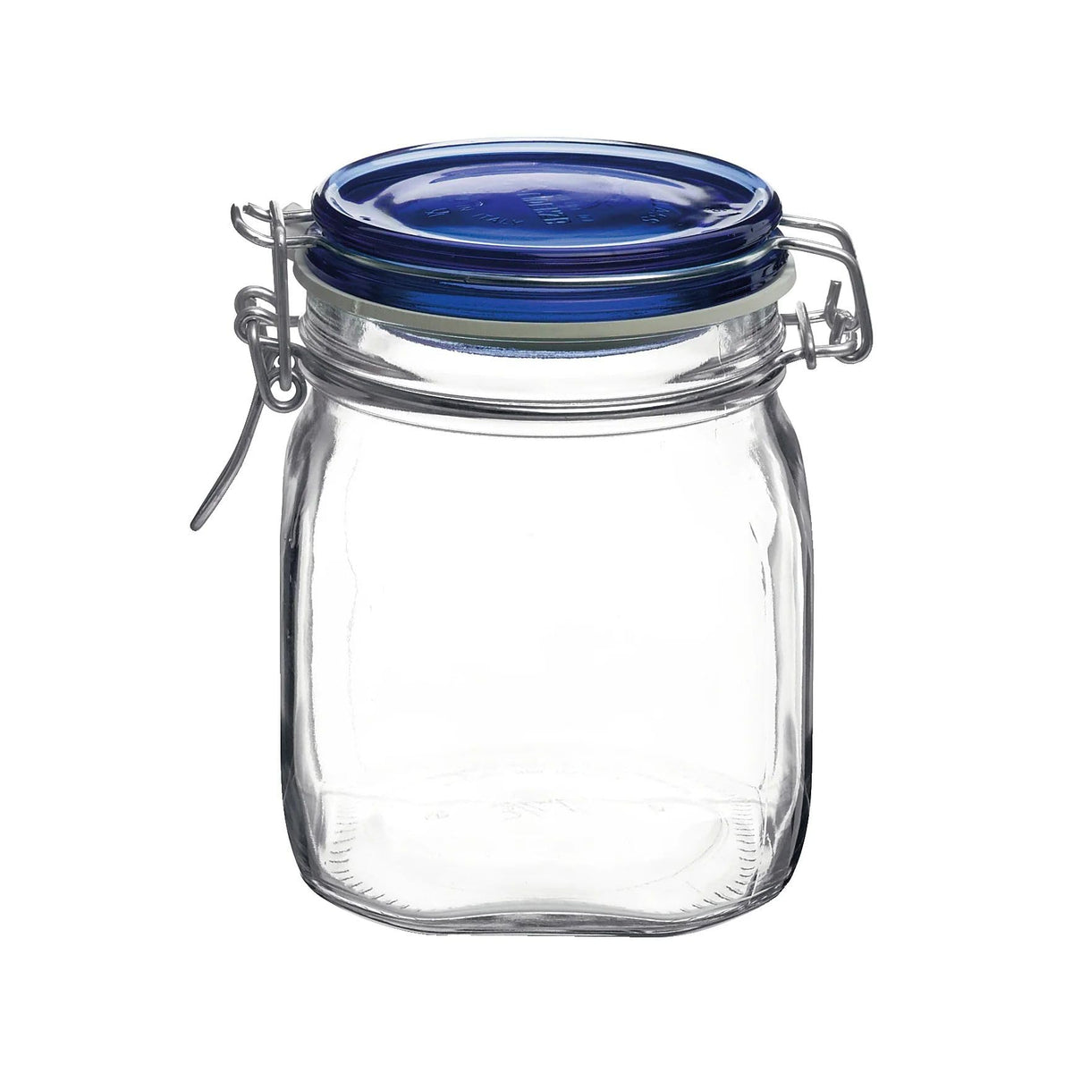 Bormioli Rocco Fido square jar with blue lid on pantry shelf for easy storage