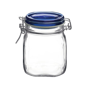 Bormioli Rocco Fido square jar with blue lid on pantry shelf for easy storage