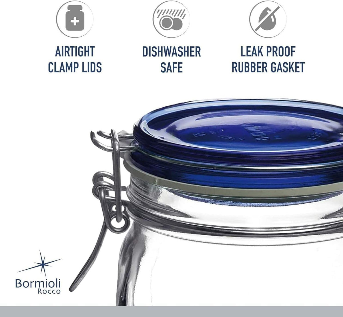 Dishwasher-safe Bormioli Rocco Fido square jar ready for cleanup
