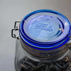 Bormioli Rocco Fido square jar on kitchen shelf for jams and sauces