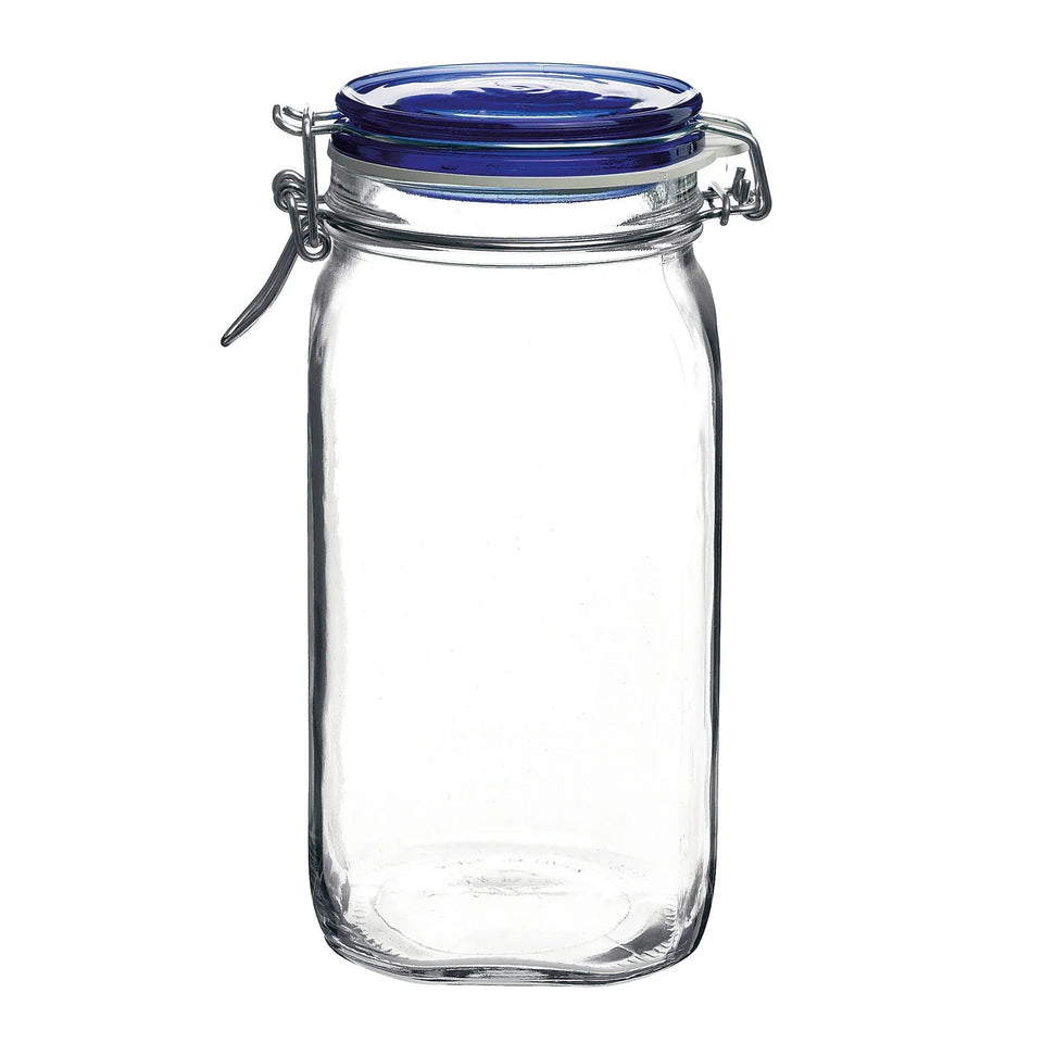 Bormioli Rocco Fido square jaw jar with blue lid, airtight storage for pantry staples.