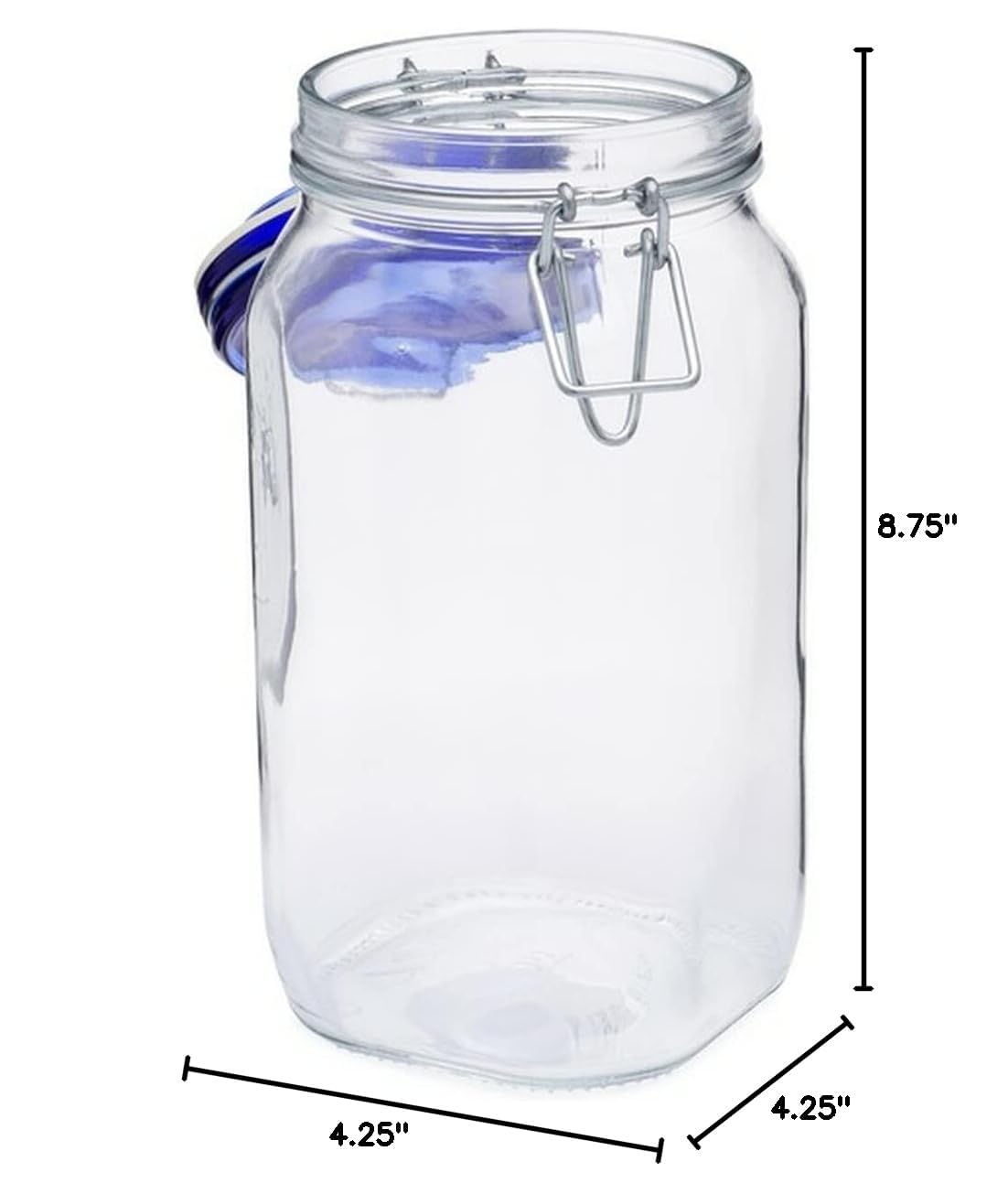 Blue lid close-up on Bormioli Rocco Fido jar showing secure seal for freshness.