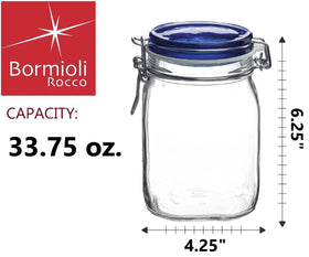 Bormioli Rocco Fido jar front view shows clear glass and blue lid