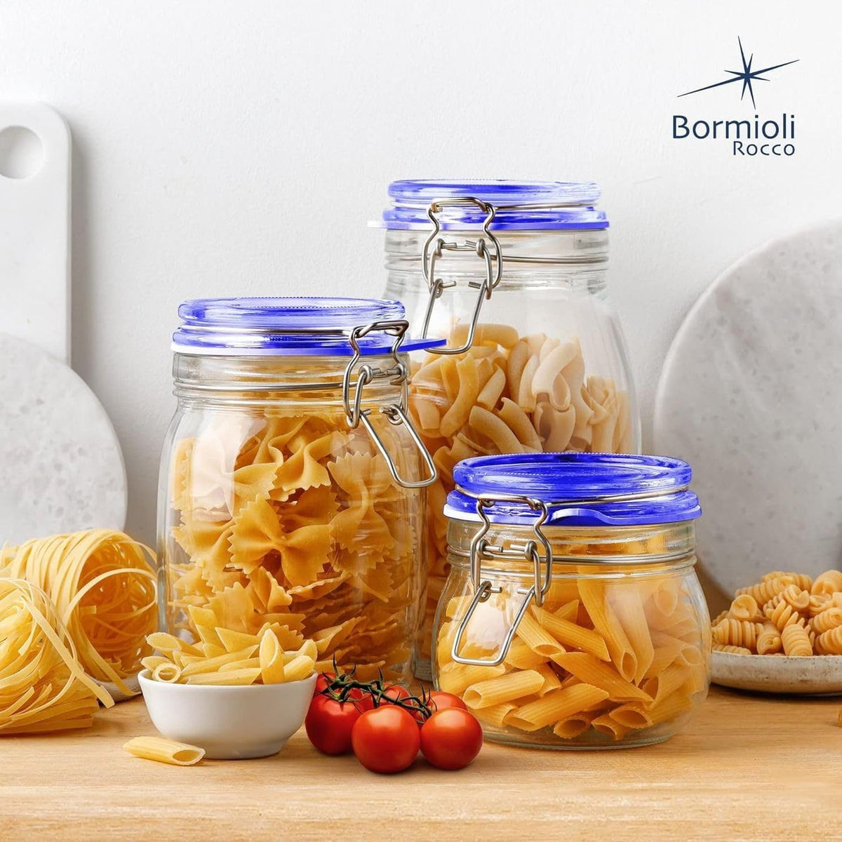 Bormioli Rocco Fido jar in kitchen setup for pantry organization