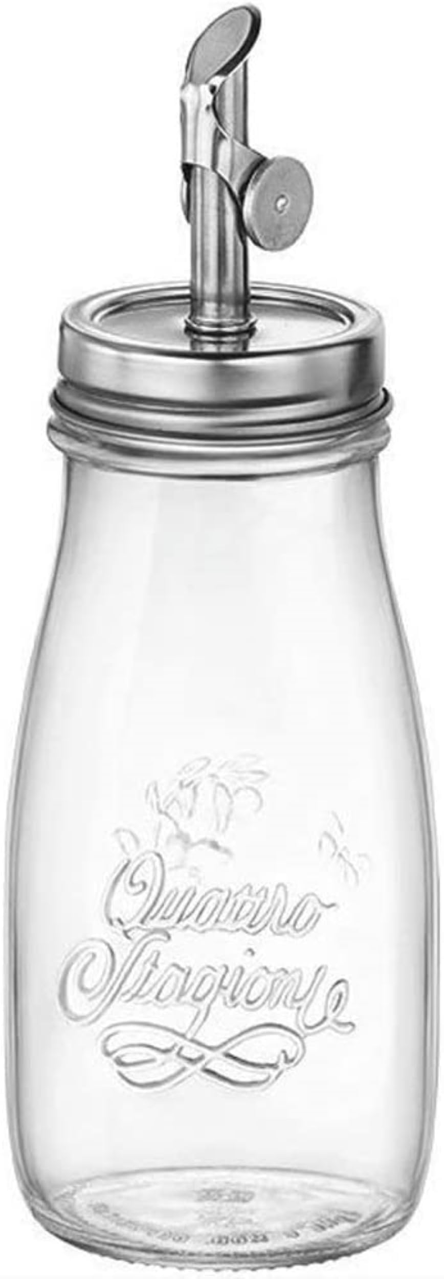 Bormioli Rocco Quattro Stagioni olive oil dispenser with weighted pourer for controlled pouring.