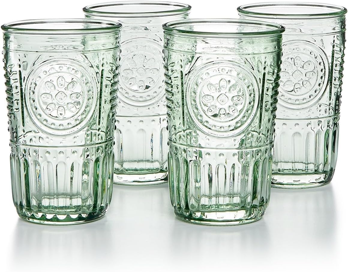 Bormioli Rocco Romantic 4x16oz pastel-green cooler glasses in a sunlit setting