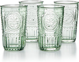 Bormioli Rocco Romantic 4x16oz pastel-green cooler glasses in a sunlit setting