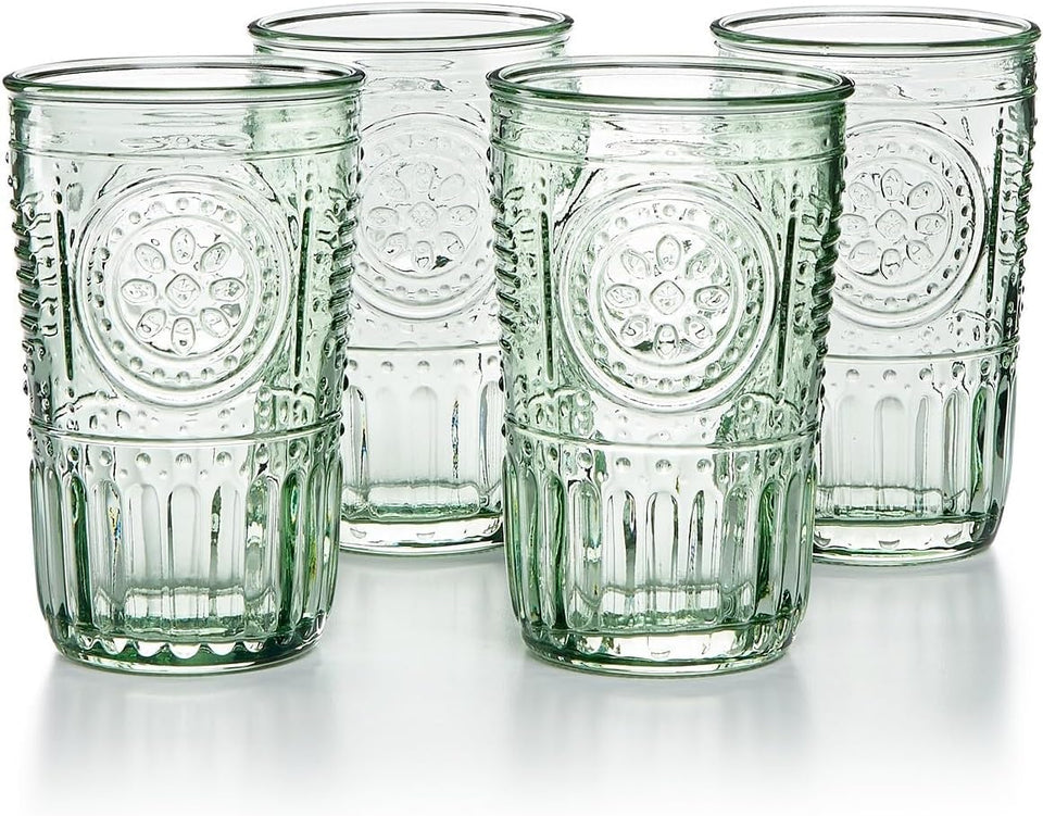 Bormioli Rocco Romantic 4x16oz pastel-green cooler glasses in a sunlit setting
