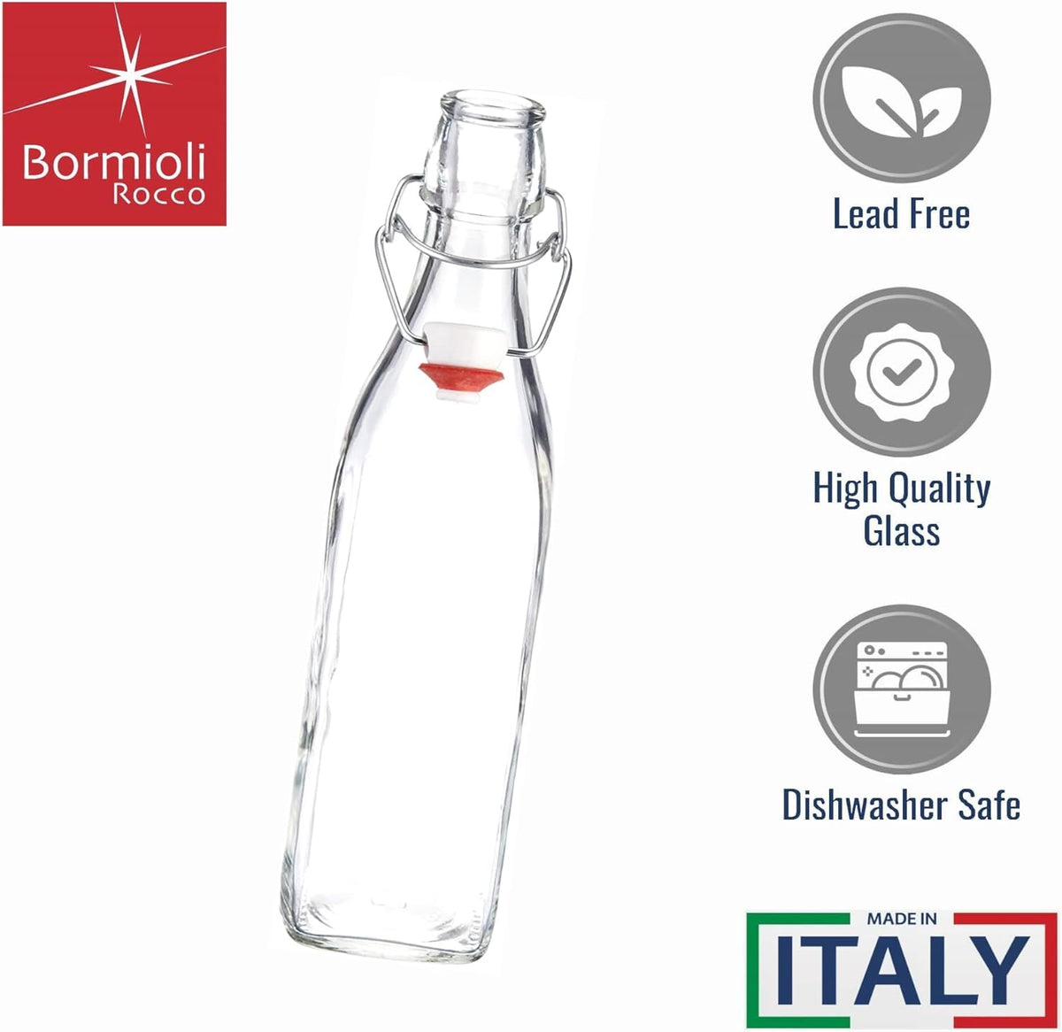 Bormioli Rocco Swing metal clamp close-up for secure resealing of juices.