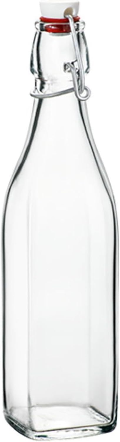 Bormioli Rocco Swing square bottle with clear glass, ideal for serving drinks at table.