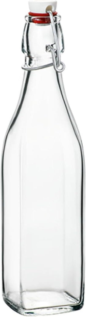 Bormioli Rocco Swing square bottle with clear glass, ideal for serving drinks at table.