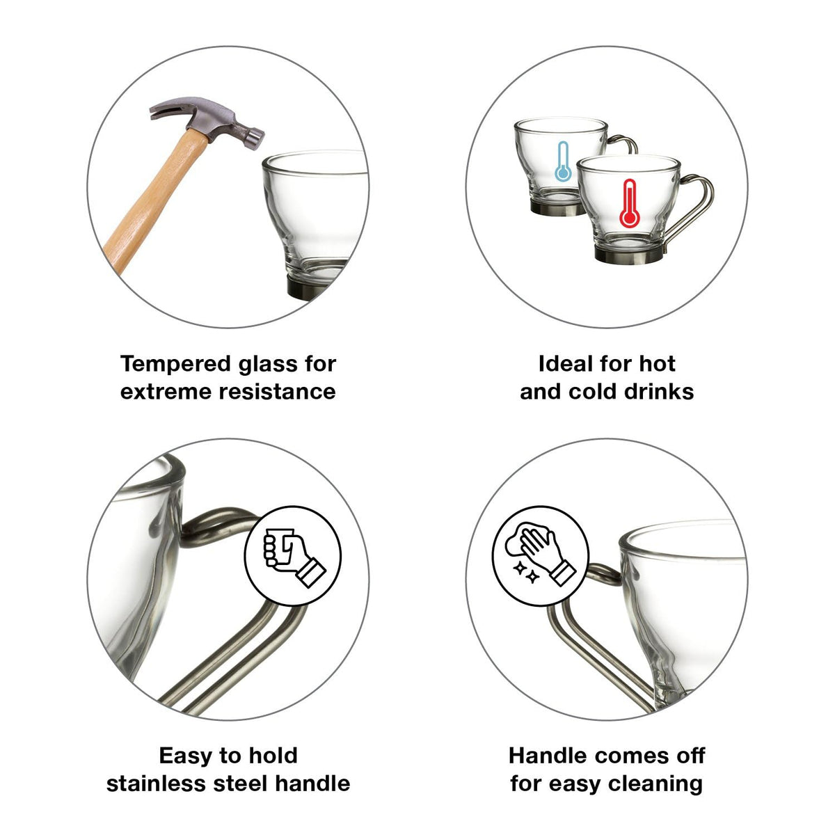 Bormioli Rocco Verdi espresso cups feature a detachable stainless steel handle.