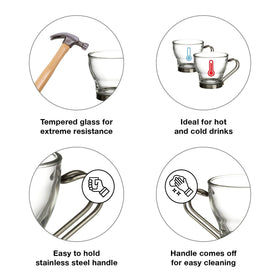 Bormioli Rocco Verdi espresso cups feature a detachable stainless steel handle.