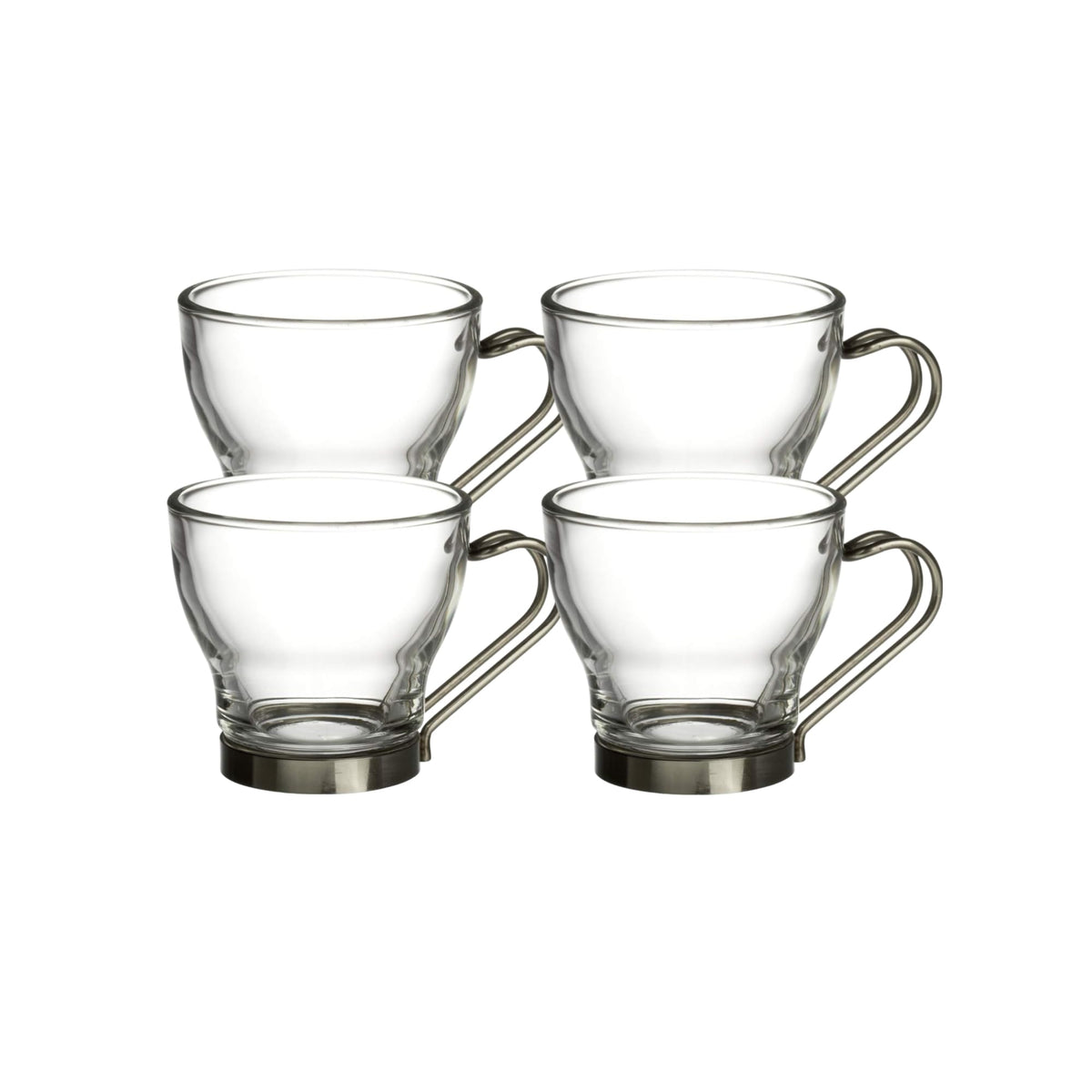 Bormioli Rocco Verdi espresso cups with stainless steel handle in a four-pack, ideal for gifting.