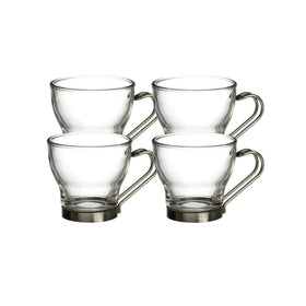 Bormioli Rocco Verdi espresso cups with stainless steel handle in a four-pack, ideal for gifting.