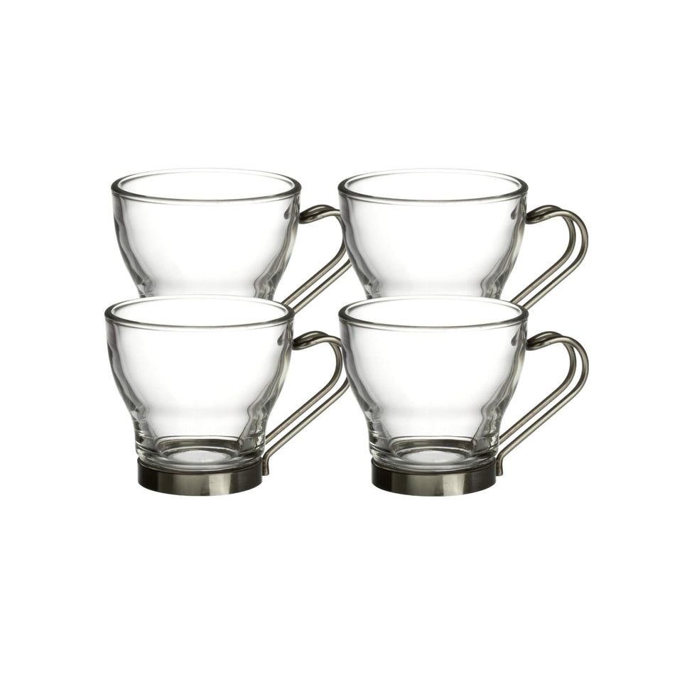 Bormioli Rocco Verdi espresso cups with stainless steel handle in a four-pack, ideal for gifting.