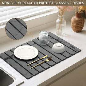 Bornerwhite dishes drying on mat for clutter-free air drying.