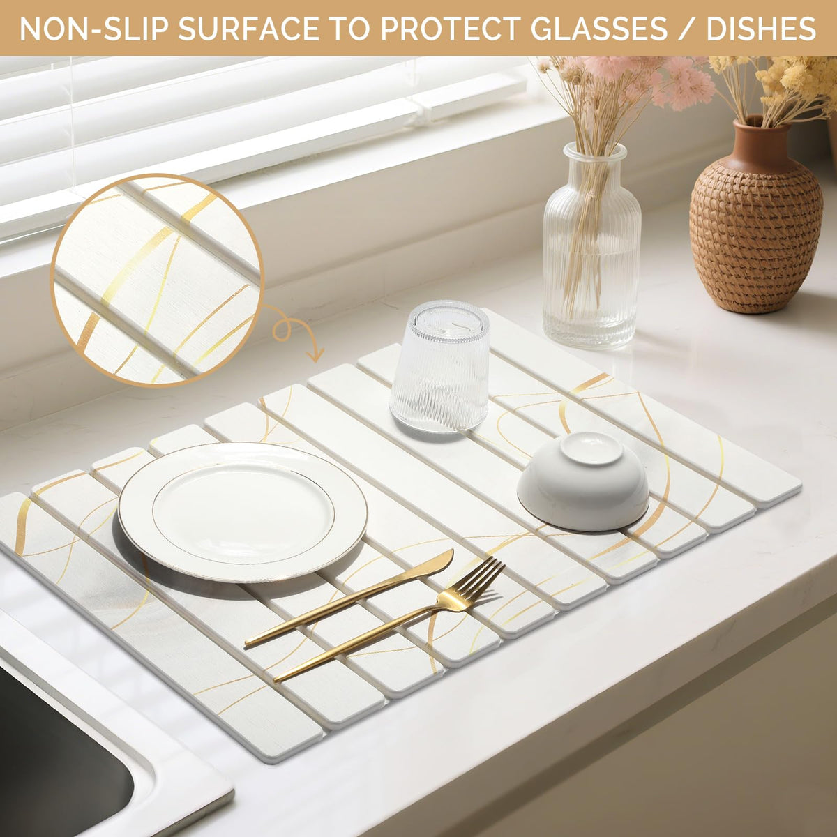 Bornerwhite foldable drying mat stored flat for compact storage.