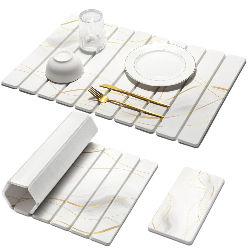 Bornerwhite large stone drying mat on counter quickly absorbs water, protecting surfaces.