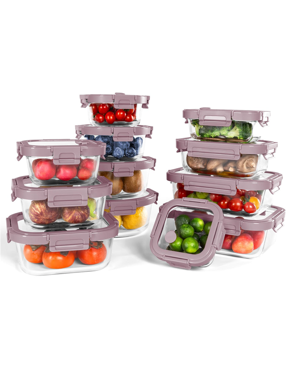 BOROHOUSE glass containers with pink tempered lids for airtight meal prep.