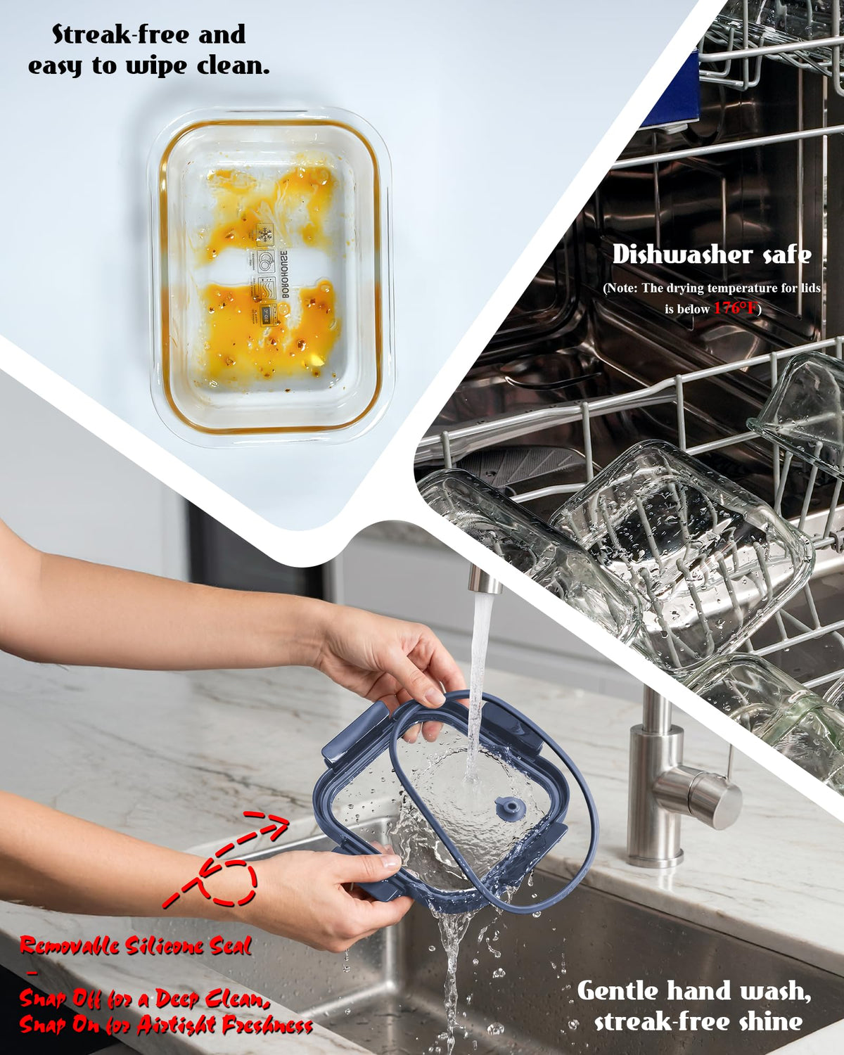BOROHOUSE dishwasher-safe glass and lids displayed for convenient cleanup.