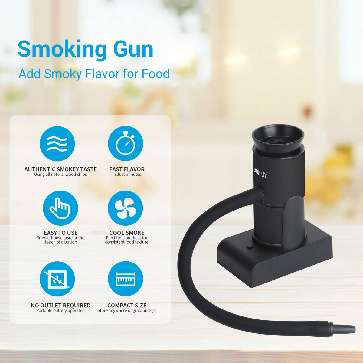 BORUIT Smoking Gun wood chip container holds chips for dense smoke batches.