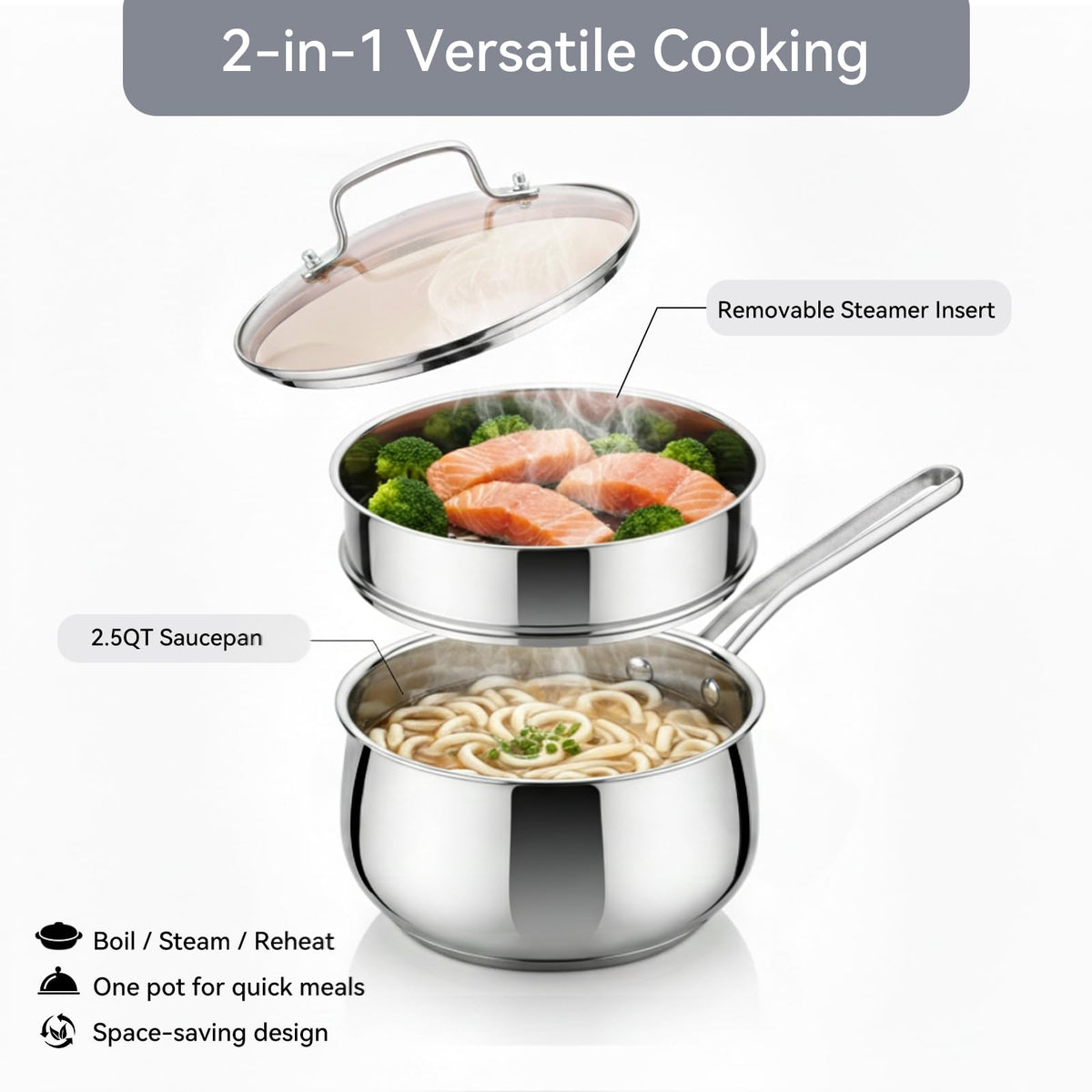 Boryenty glass lid with steam vent for visible cooking and heat retention.