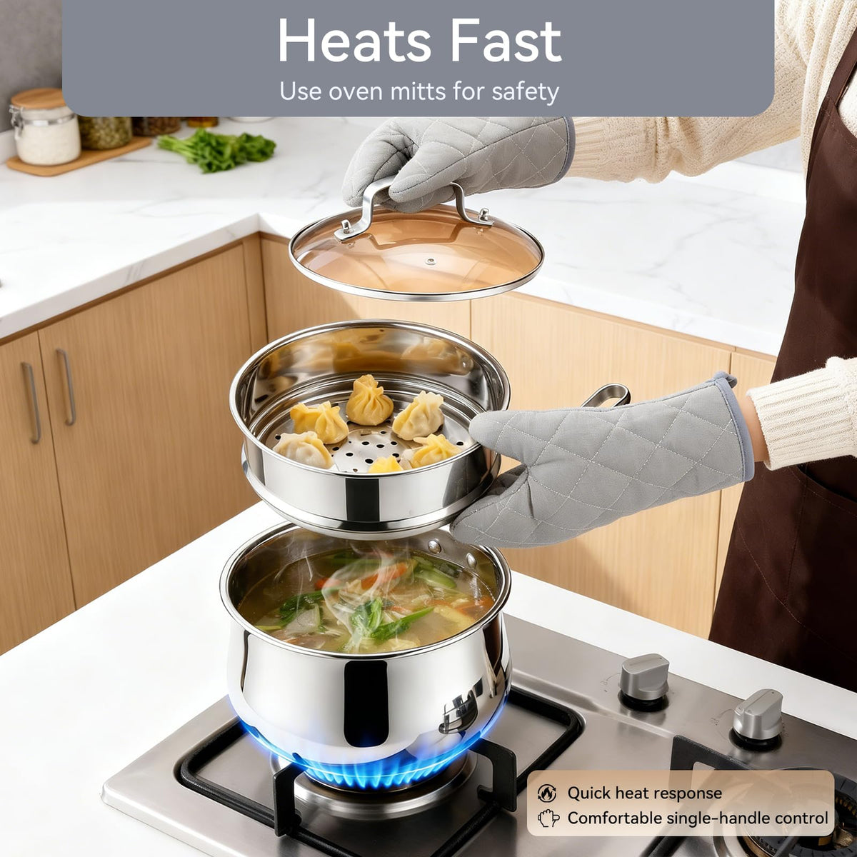 Boryenty gold-finished handle adds elegance and secure grip during cooking.