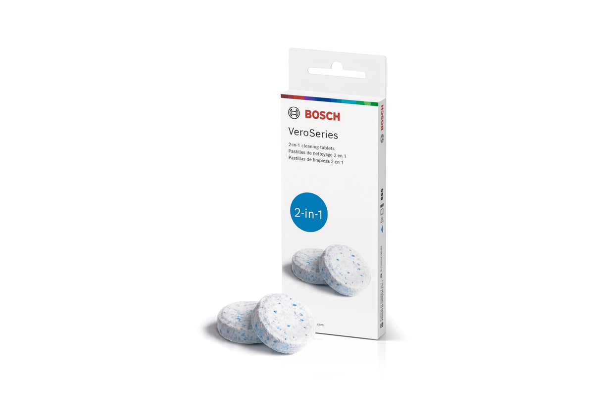 Bosch VeroCafe cleaning tablets packshot highlighting phosphate-free formula for appliance care.