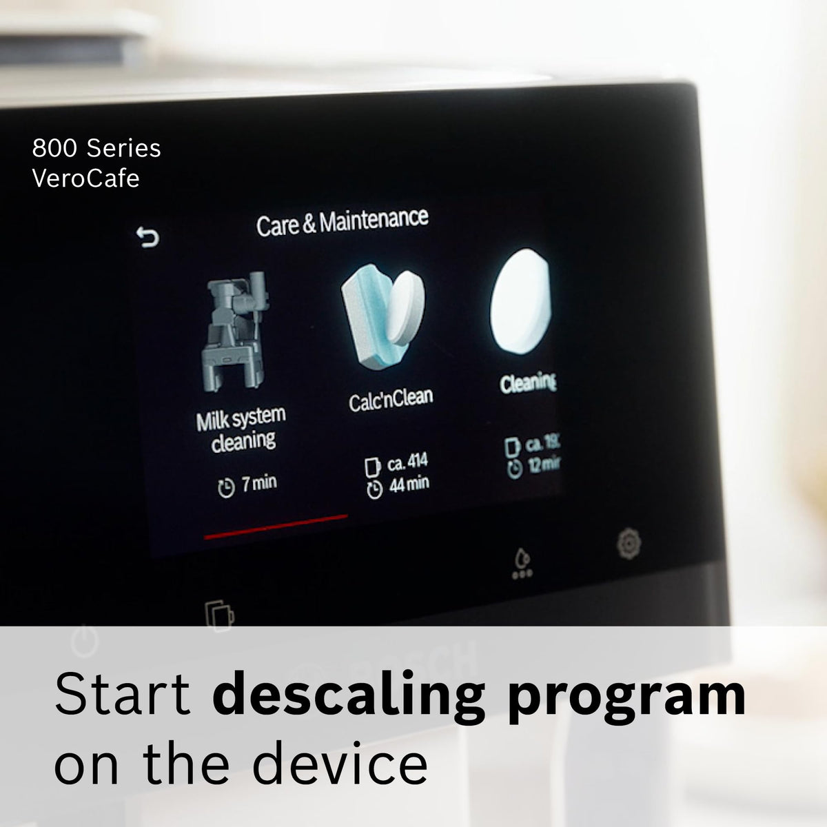 Process illustration showing descaling in Bosch VeroCafe to protect pipes.