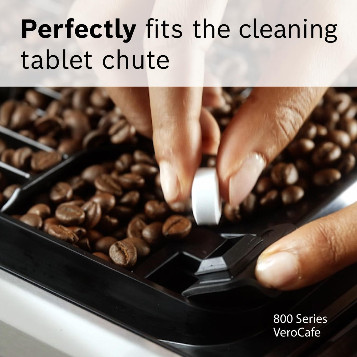 Bosch VeroCafe tablets dissolving to illustrate quick cleaning action for coffee oils.