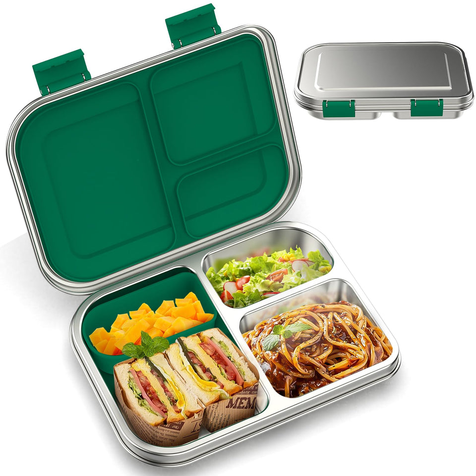 BOSEDSANG stainless steel bento box with three compartments for organized school lunches.