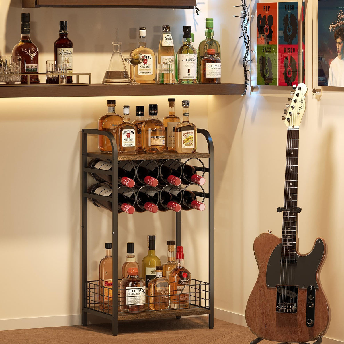 Bosimeca corner bar cabinet fits tight spaces while showcasing bottles and glassware.