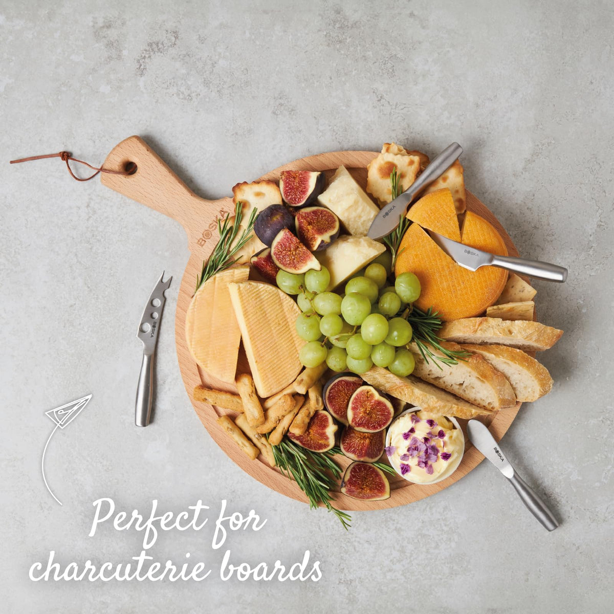 Boska stainless steel knives labeled dishwasher safe for easy cleanup.