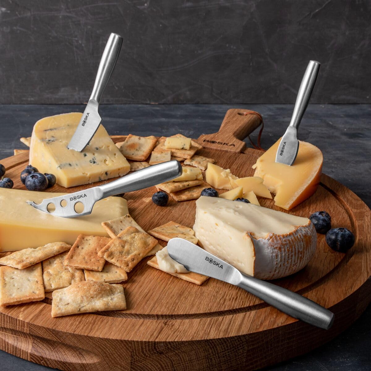Boska knife set for semi-soft cheeses with clean, controlled cuts.