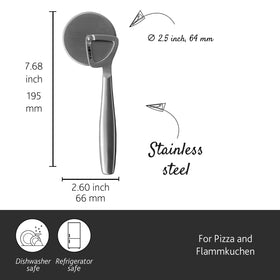 Boska pizza cutter handle grip promoting secure, comfortable cutting.