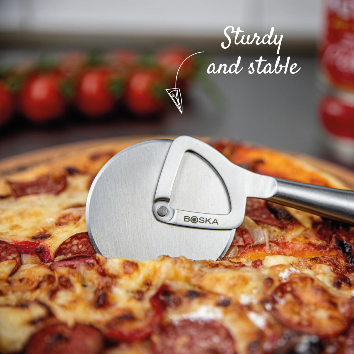 Boska sturdy wheel securely attached to handle for wobble-free cuts.