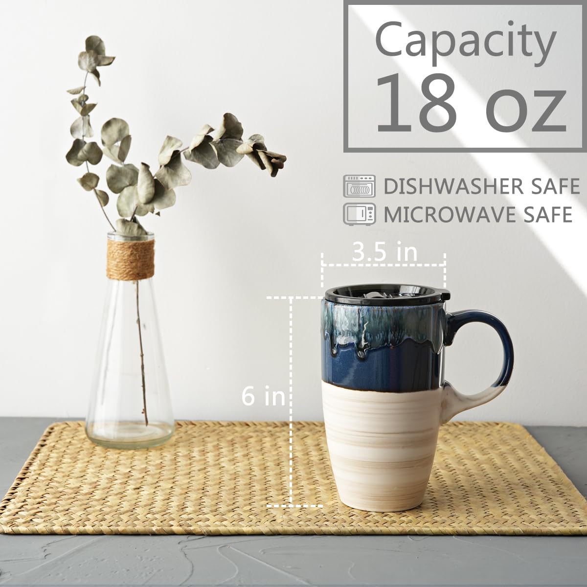 Bosmarlin ceramic travel mug with lid open for easy sipping
