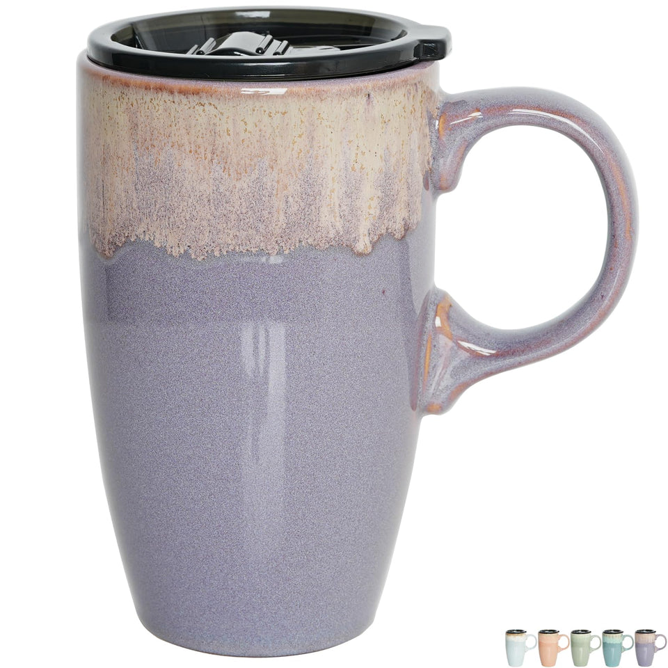 Bosmarlin ceramic travel mug with handle and lid, 18 oz, ideal for on-the-go coffee.