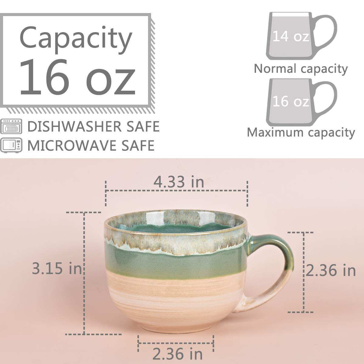 Bosmarlin 16 oz green mug handle close-up for a comfortable grip