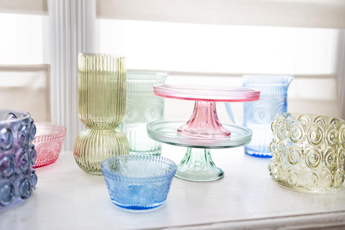 Boston International Codi glass dessert pedestal presenting cupcakes in sage green